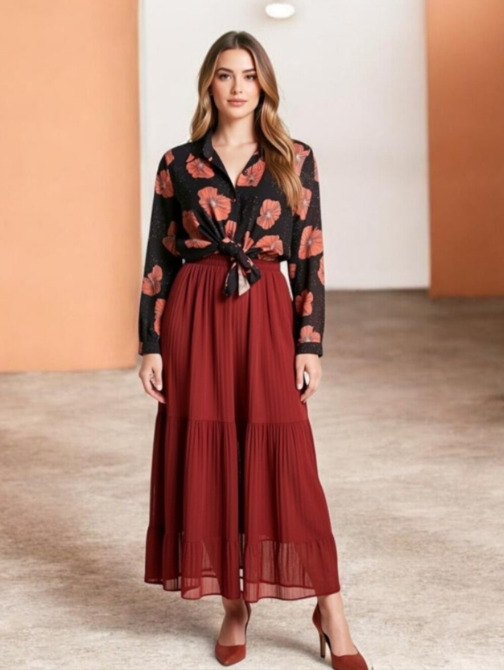 Flowy Tiered Maxi Skirt in Deep Brown/Burgundy